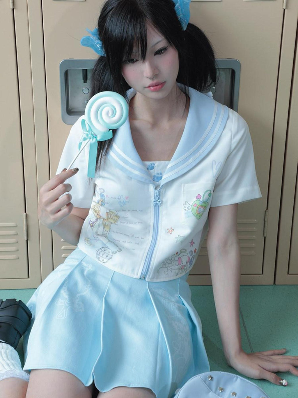 Hashtag DDD Light Blue Pleated Jk Anime Japanese Women's Cotton Mini Skirts
