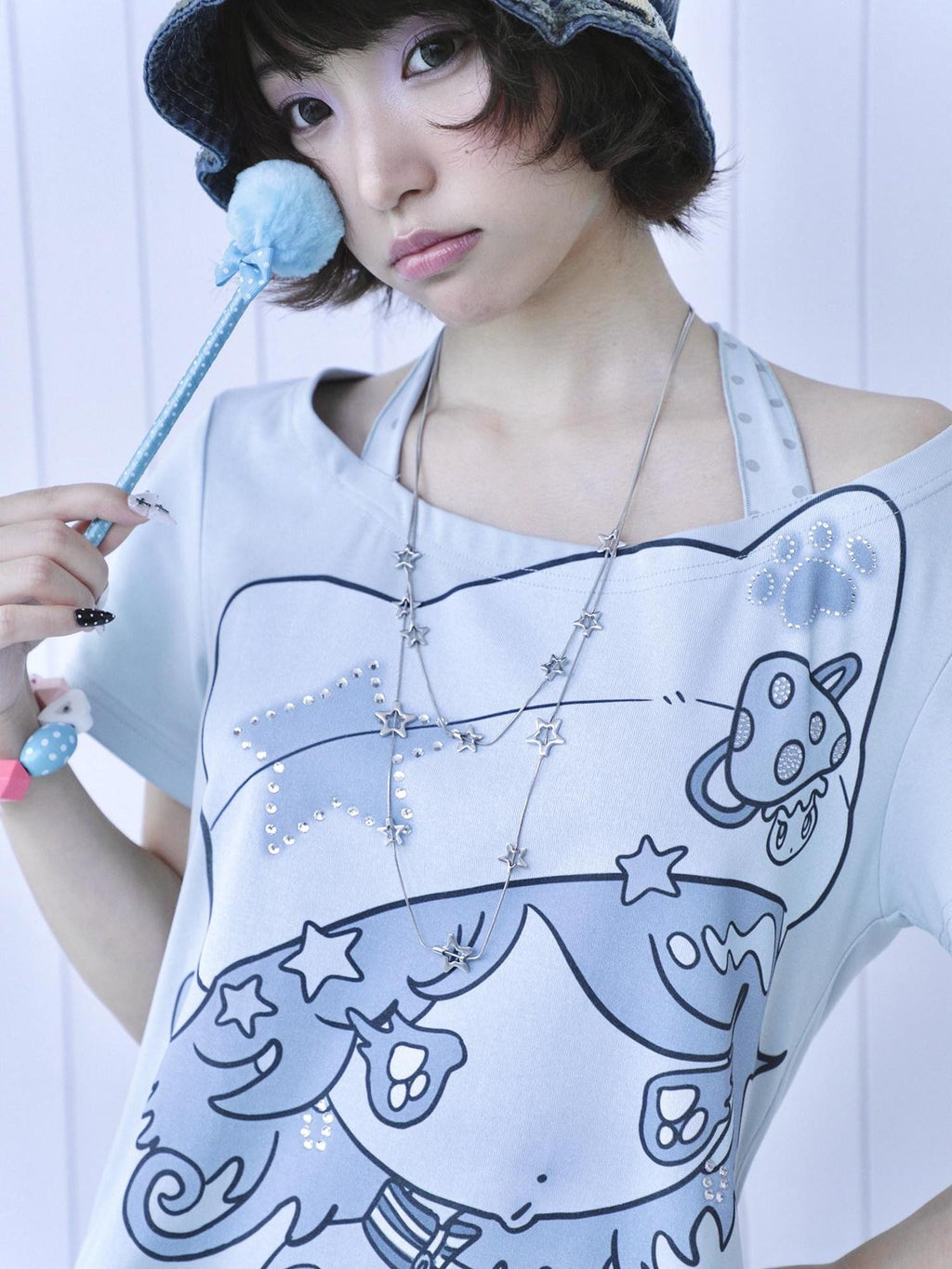 Hashtag DDD Light Blue Rhinestone Halter Faux Two Piece Women's Cotton Short Sleeve T-shirts
