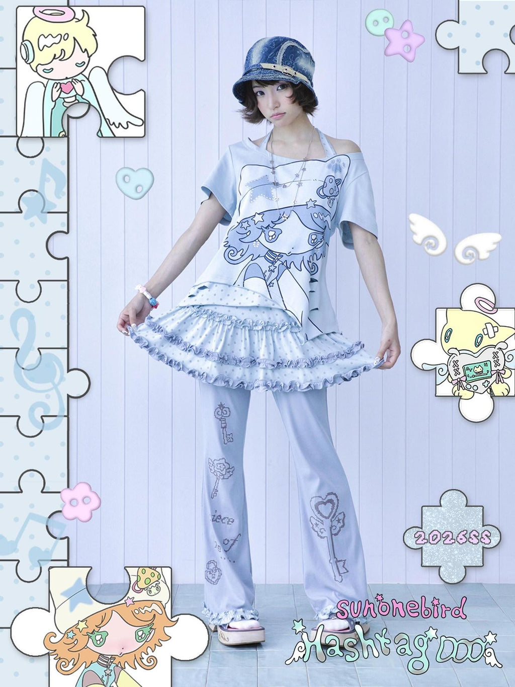 Hashtag DDD Light Blue Rhinestone Halter Faux Two Piece Women's Cotton Short Sleeve T-shirts