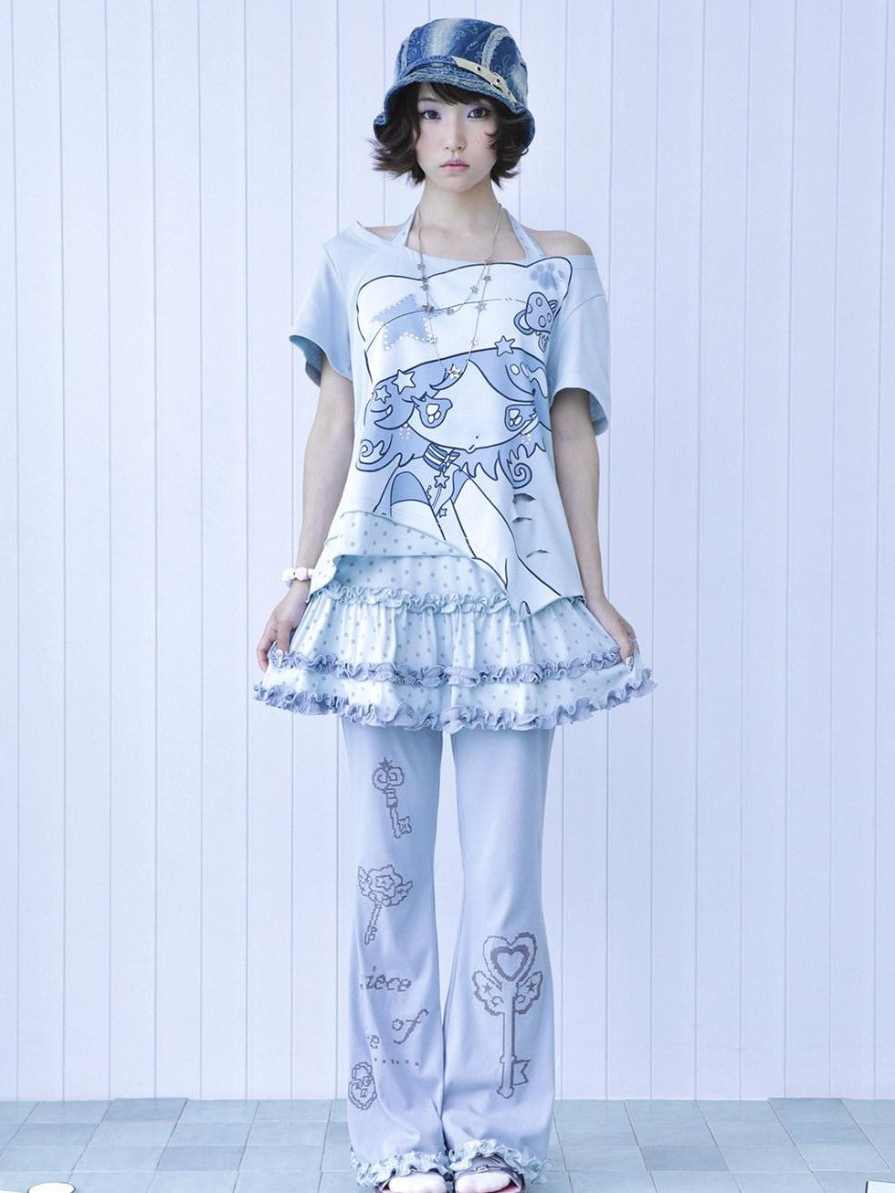 Hashtag DDD Light Blue Rhinestone Halter Faux Two Piece Women's Cotton Short Sleeve T-shirts