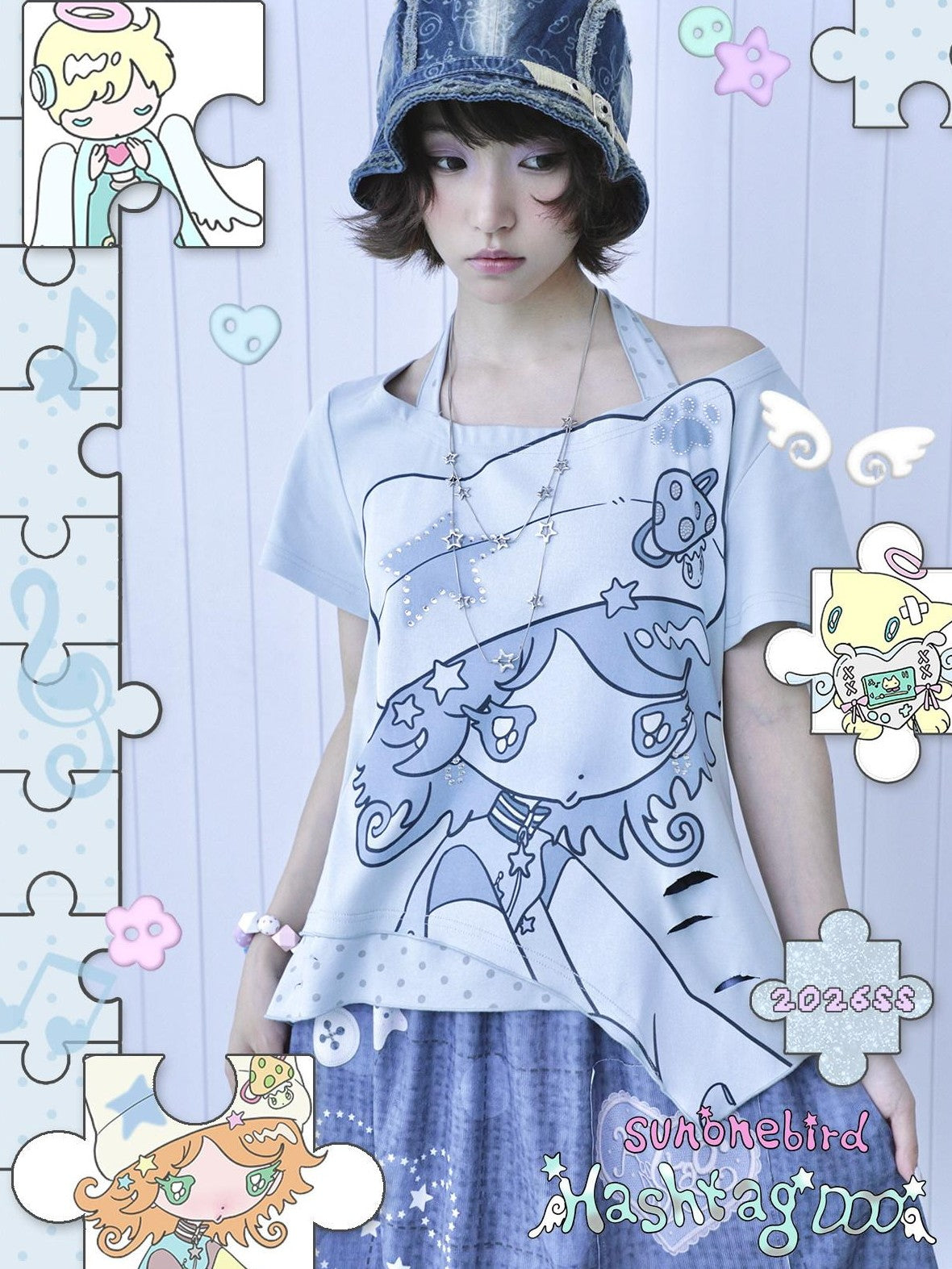 Hashtag DDD Light Blue Rhinestone Halter Faux Two Piece Women's Cotton Short Sleeve T-shirts