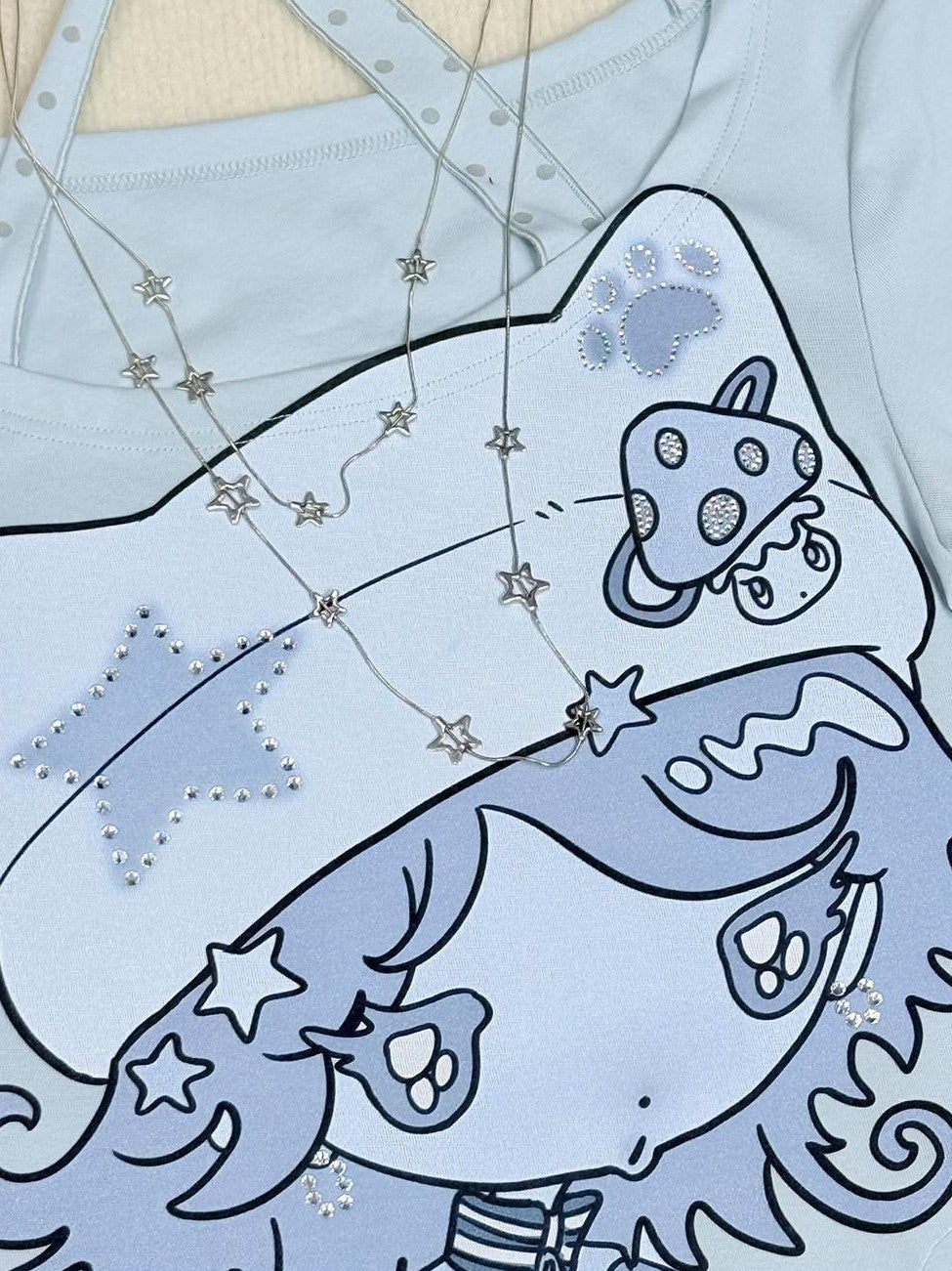 Hashtag DDD Light Blue Rhinestone Halter Faux Two Piece Women's Cotton Short Sleeve T-shirts