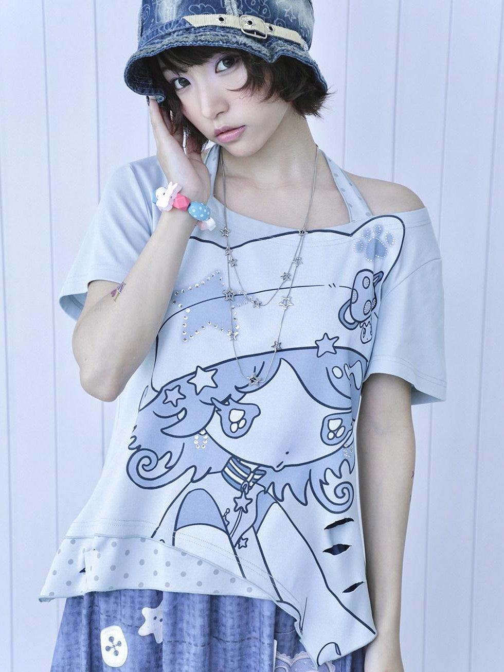 Hashtag DDD Light Blue Rhinestone Halter Faux Two Piece Women's Cotton Short Sleeve T-shirts