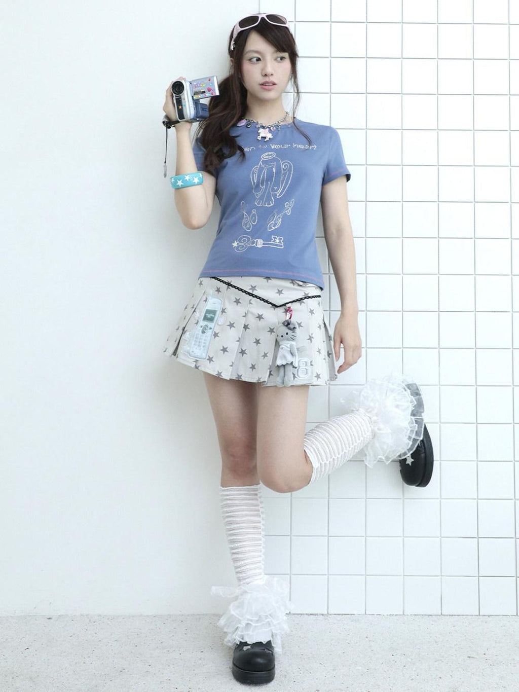 Hashtag DDD Light Gray Star Print Pleated Pocket Women's Cotton Mini Skirts