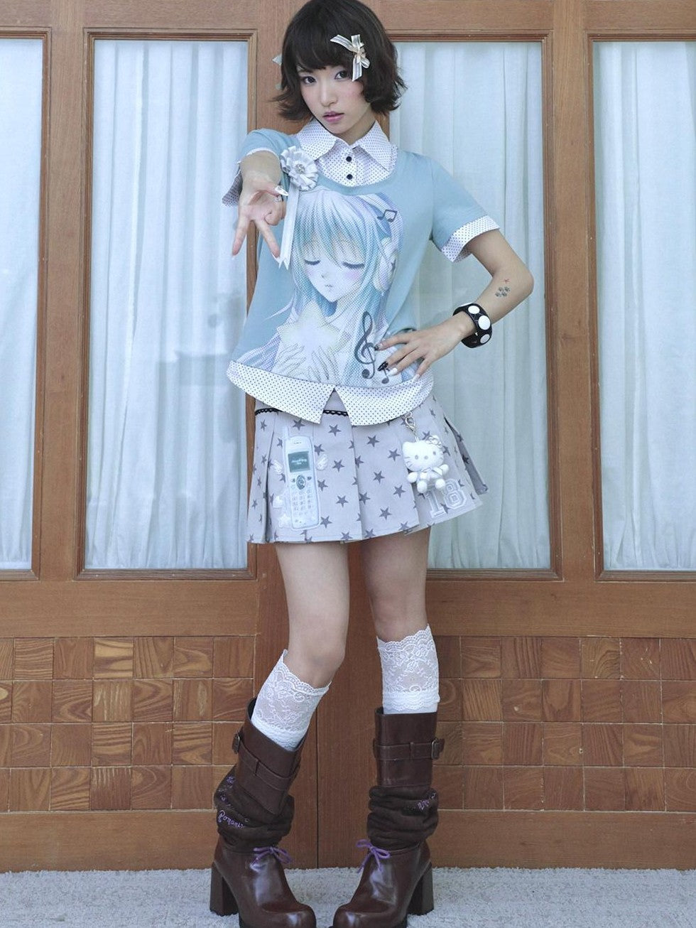 Hashtag DDD Light Gray Star Print Pleated Pocket Women's Cotton Mini Skirts