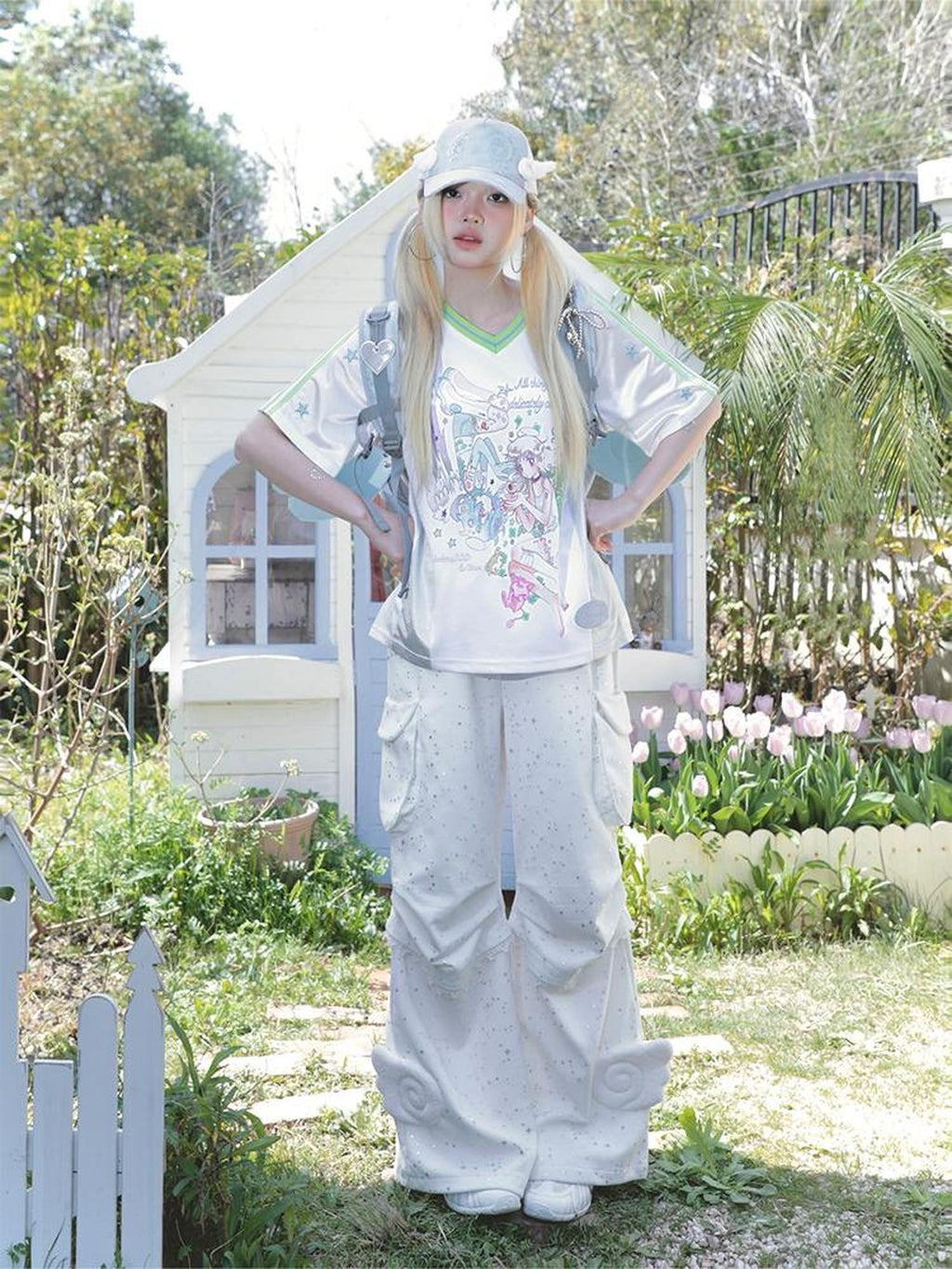 Hashtag DDD Metallic Star Angel Wings High Waist Straight Leg Women's Cargo Pants