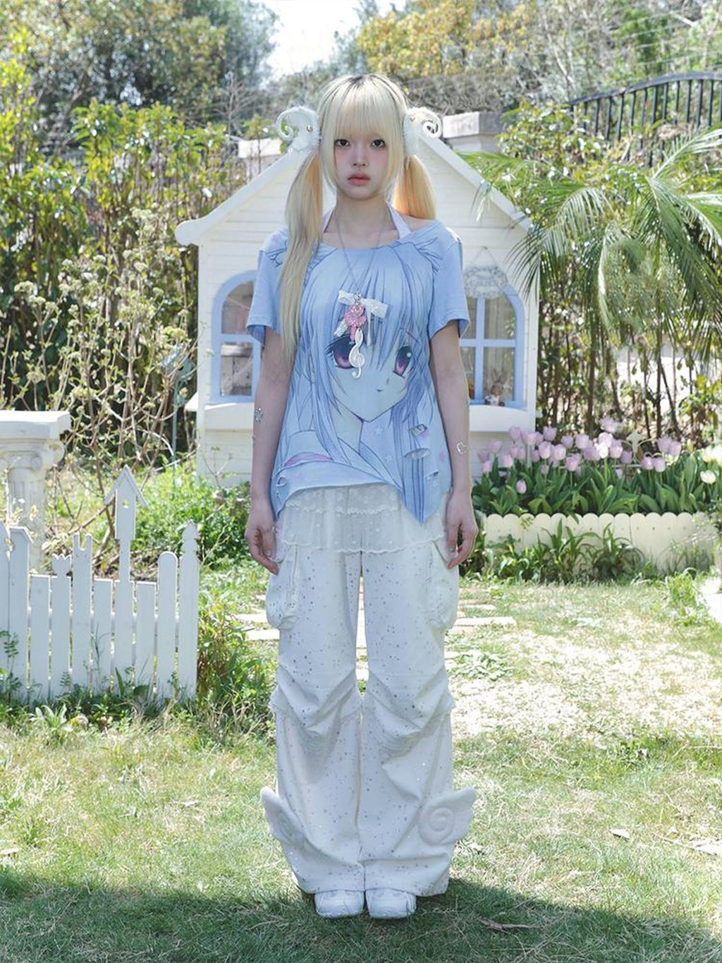 Hashtag DDD Metallic Star Angel Wings High Waist Straight Leg Women's Cargo Pants