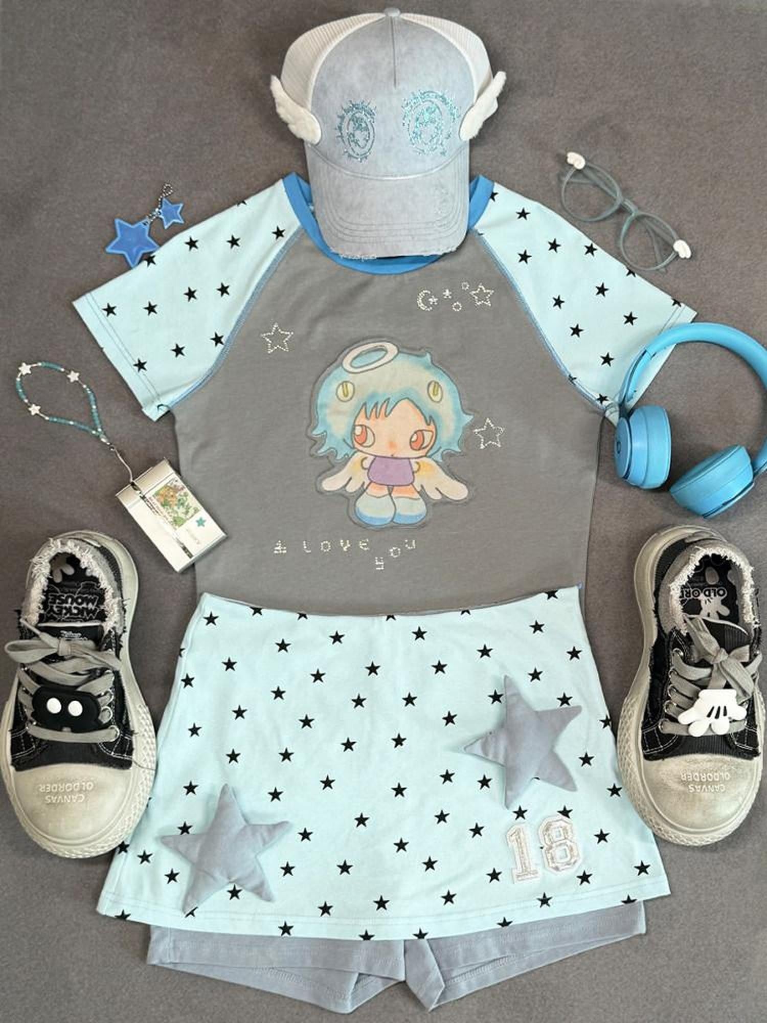 Hashtag DDD Mint Gray Detachable Star Faux Two Piece Slim Fit Women's Cotton Knit Skorts