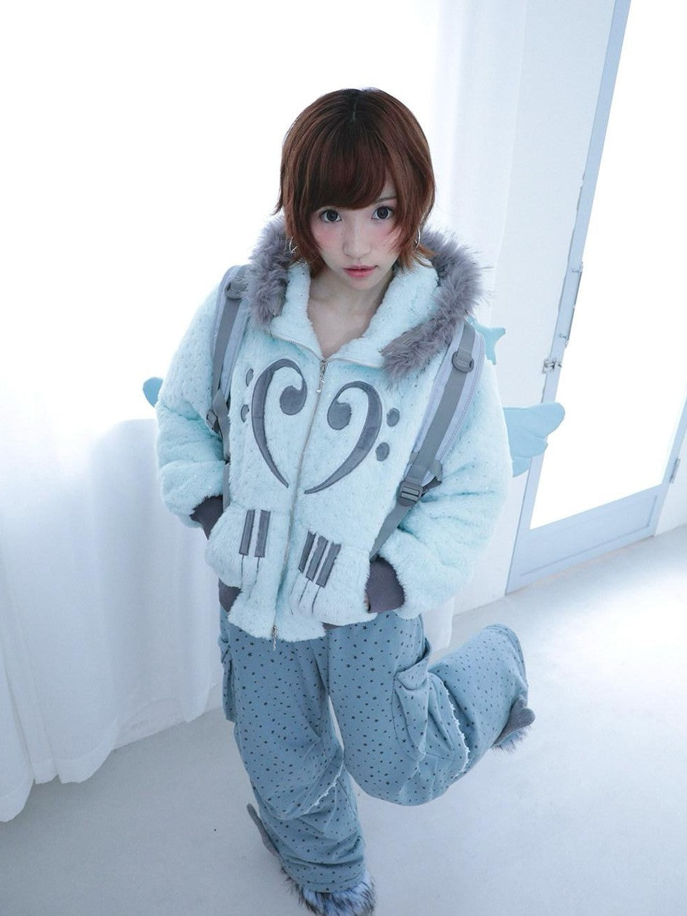 Hashtag DDD Mint Green Silver Foil Star Piano Note Hood Women's Cotton Puffer Jackets