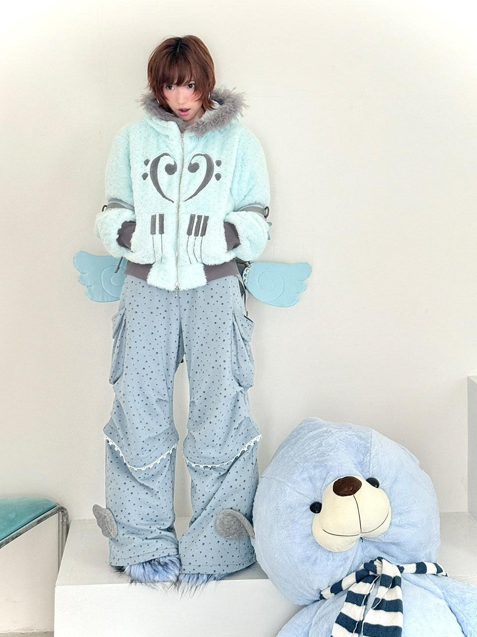 Hashtag DDD Mint Green Silver Foil Star Piano Note Hood Women's Cotton Puffer Jackets