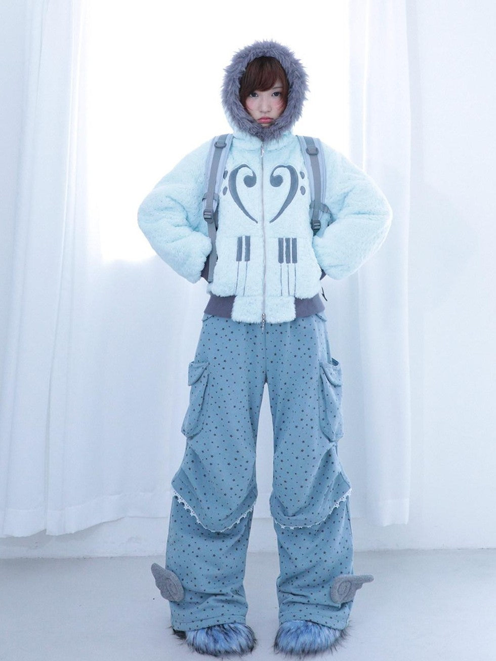 Hashtag DDD Mint Green Silver Foil Star Piano Note Hood Women's Cotton Puffer Jackets