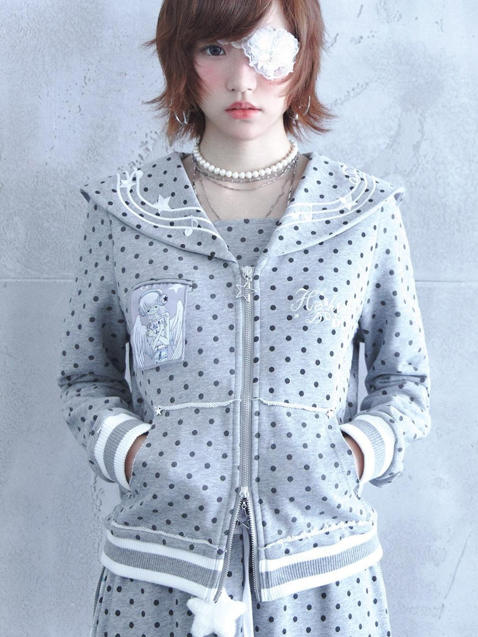 Hashtag DDD Polka Dot Embroidered Sailor Women's Cotton Zippered Short Cardigans