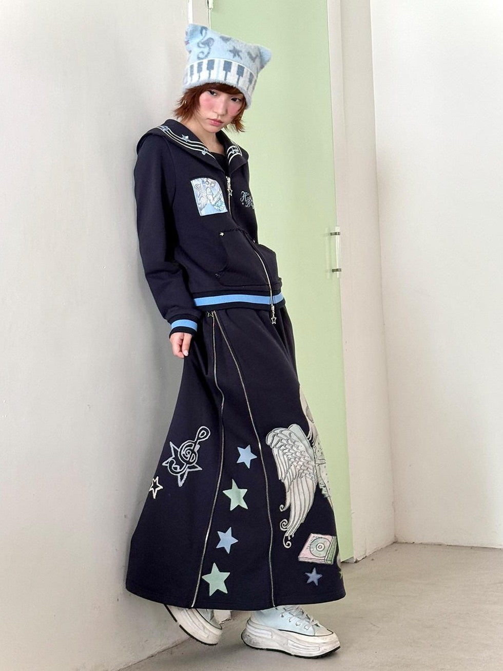 Hashtag DDD Polka Dot Embroidered Sailor Women's Cotton Zippered Short Cardigans