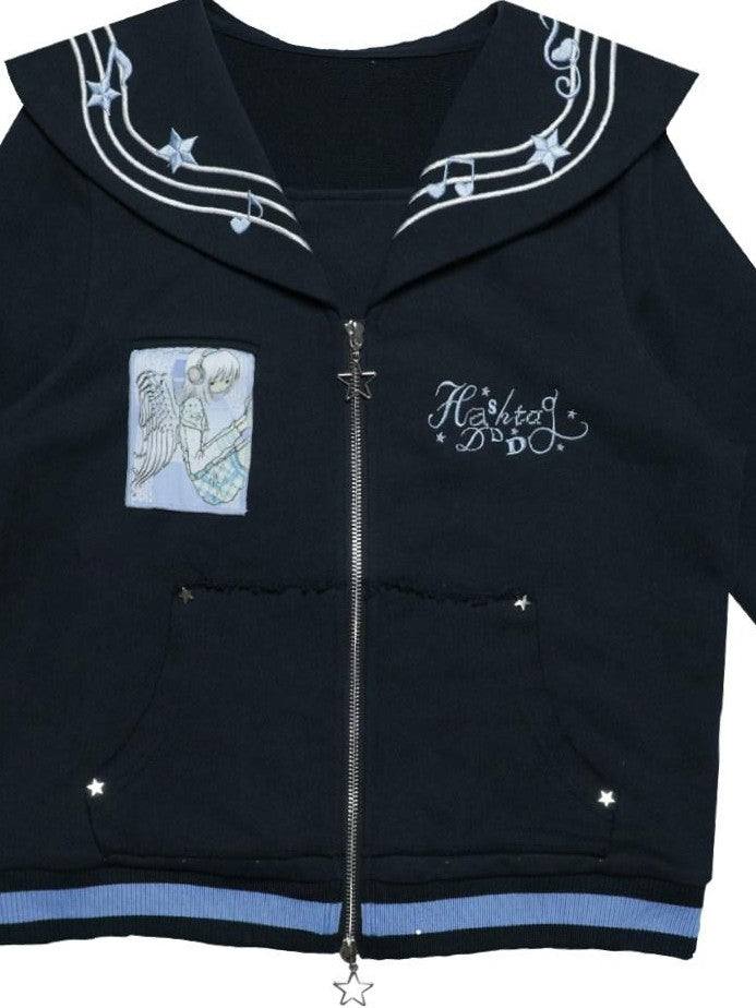 Hashtag DDD Polka Dot Embroidered Sailor Women's Cotton Zippered Short Cardigans