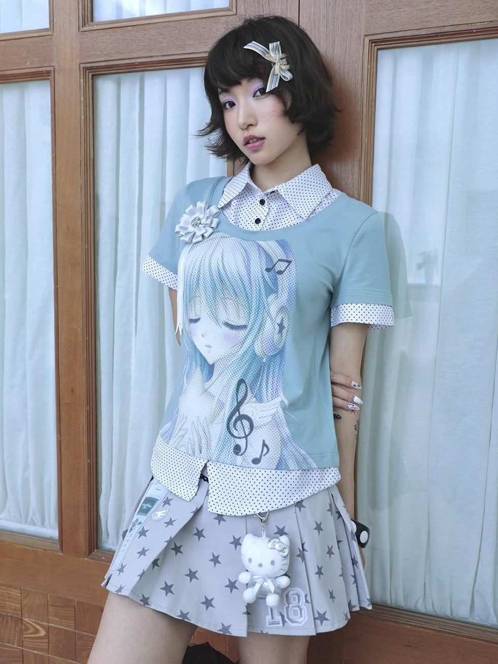 Hashtag DDD Polka Dot Faux Two Piece Cartoon Print Women's Cotton Short Sleeve T-shirts