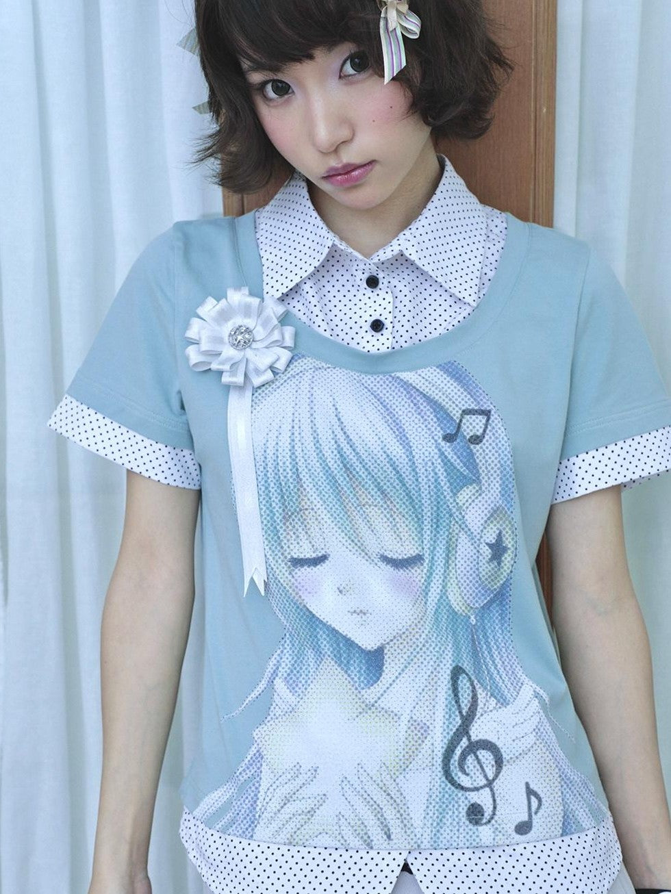 Hashtag DDD Polka Dot Faux Two Piece Cartoon Print Women's Cotton Short Sleeve T-shirts