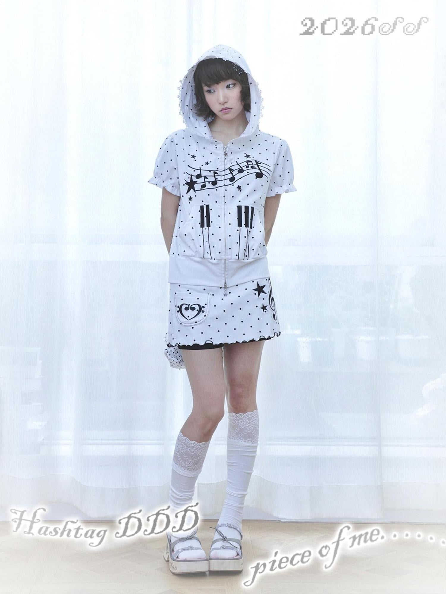Hashtag DDD Puff Sleeve Polka Dot Hooded Musical Note Women's Short Sleeve T-shirts