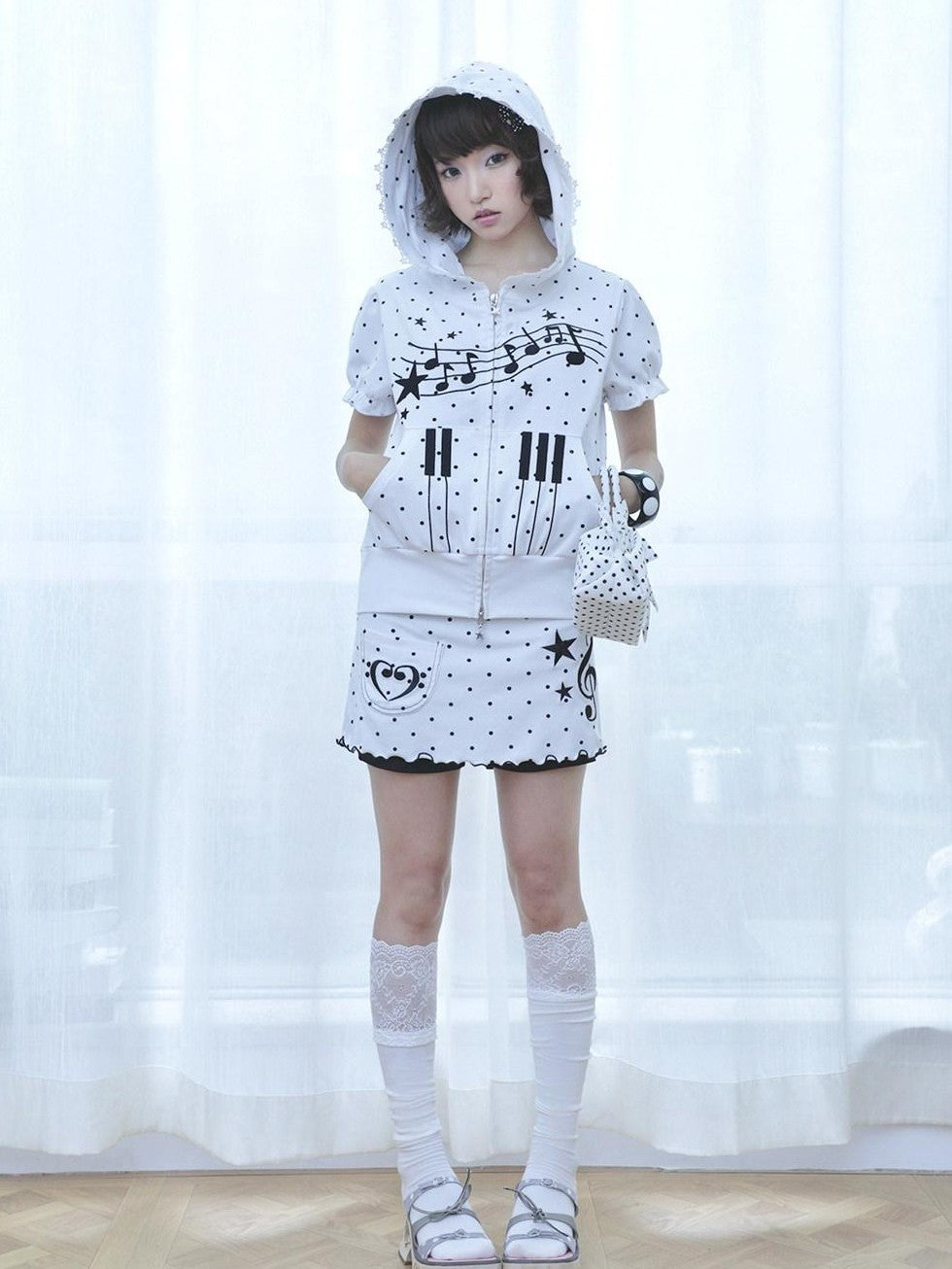 Hashtag DDD Puff Sleeve Polka Dot Hooded Musical Note Women's Short Sleeve T-shirts