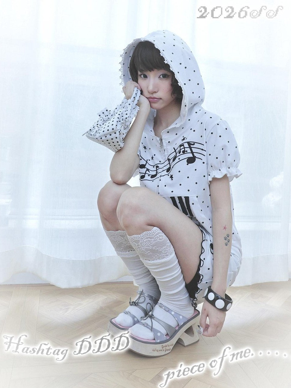 Hashtag DDD Puff Sleeve Polka Dot Hooded Musical Note Women's Short Sleeve T-shirts