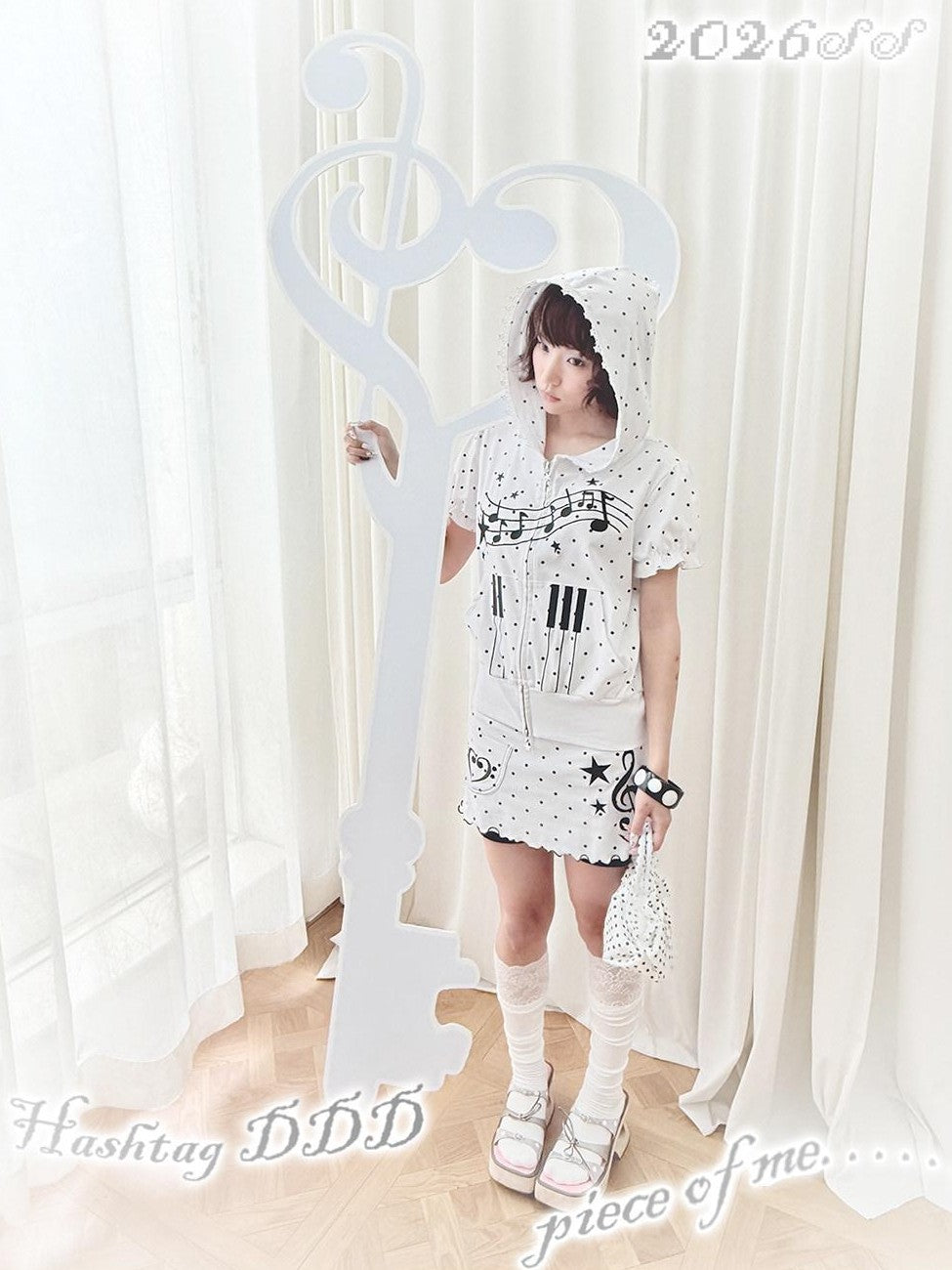Hashtag DDD Puff Sleeve Polka Dot Hooded Musical Note Women's Short Sleeve T-shirts