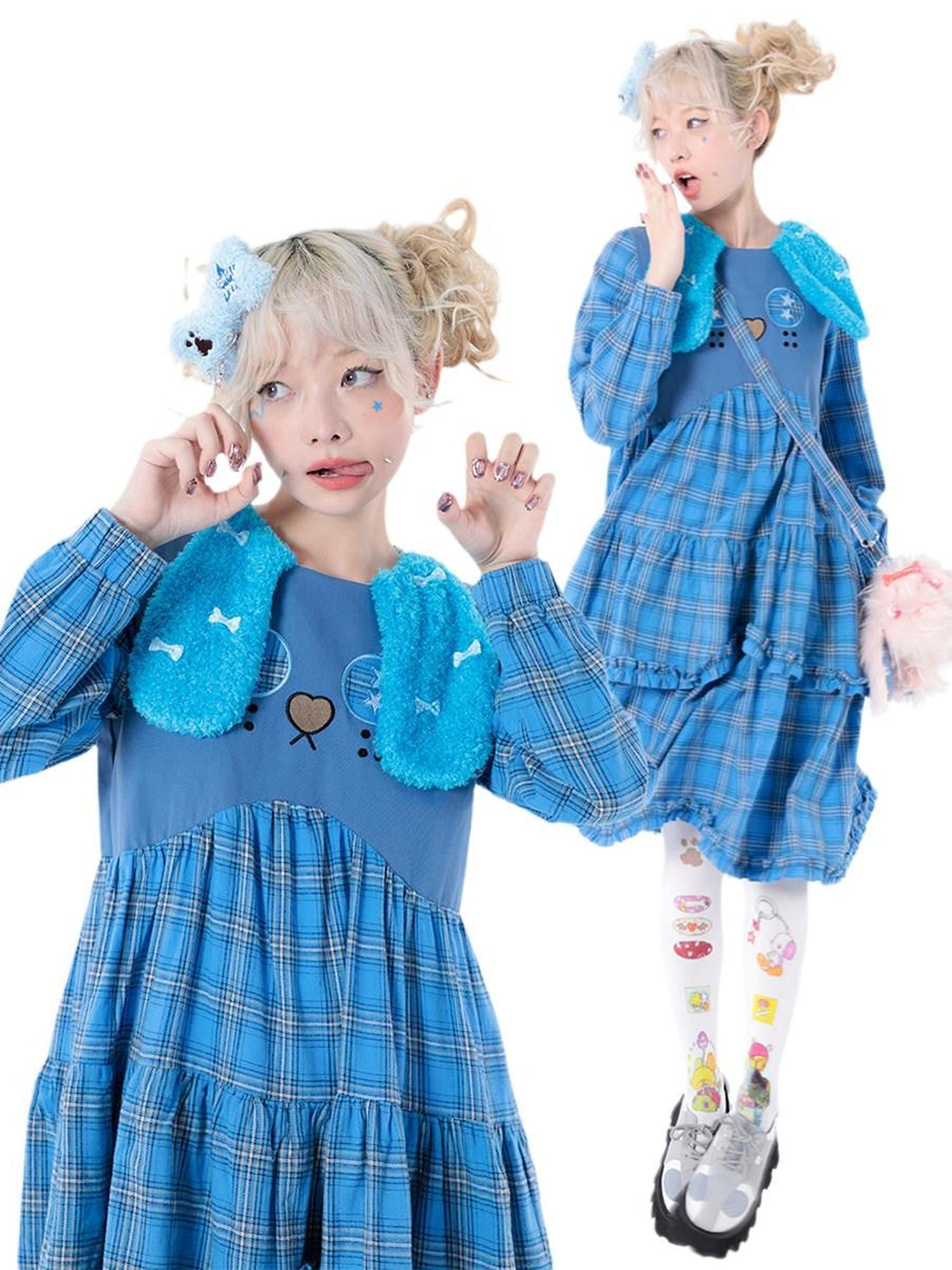 Hashtag DDD Puppy Plaid A Line Long Sleeve Women's Cotton Casual Midi Dresses