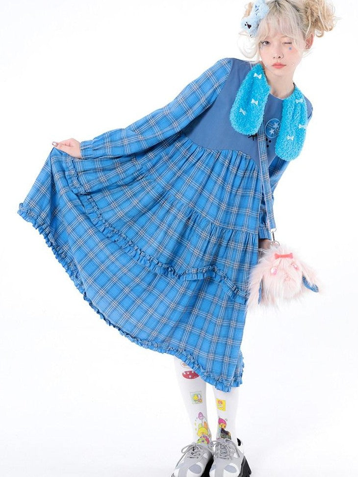 Hashtag DDD Puppy Plaid A Line Long Sleeve Women's Cotton Casual Midi Dresses