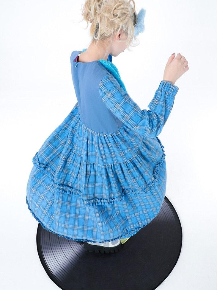 Hashtag DDD Puppy Plaid A Line Long Sleeve Women's Cotton Casual Midi Dresses
