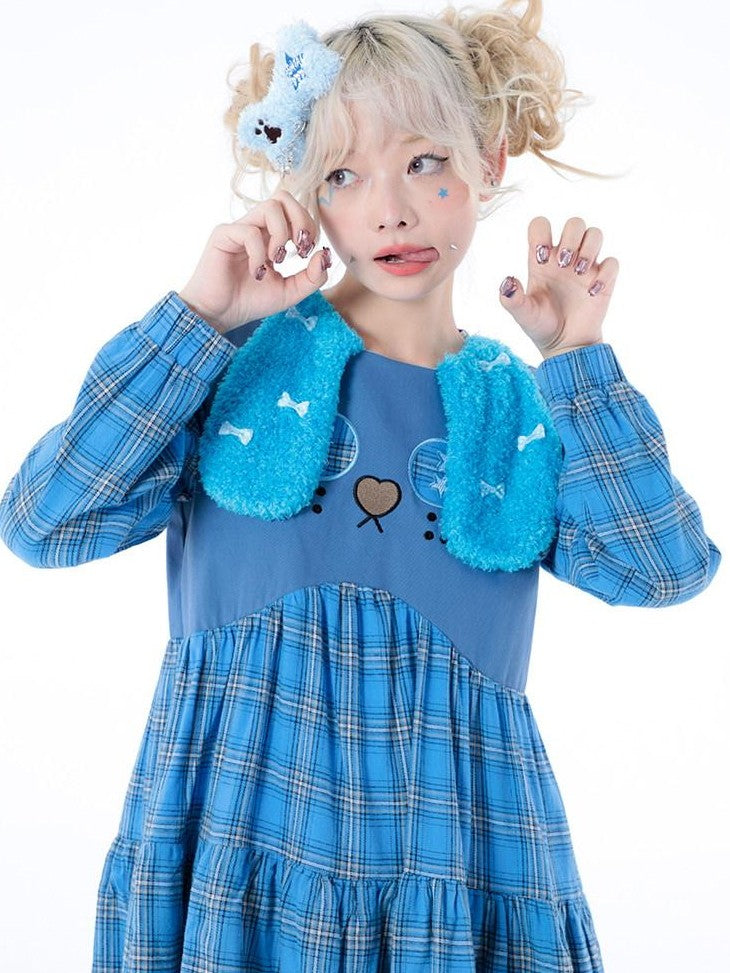 Hashtag DDD Puppy Plaid A Line Long Sleeve Women's Cotton Casual Midi Dresses