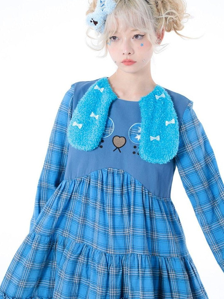 Hashtag DDD Puppy Plaid A Line Long Sleeve Women's Cotton Casual Midi Dresses