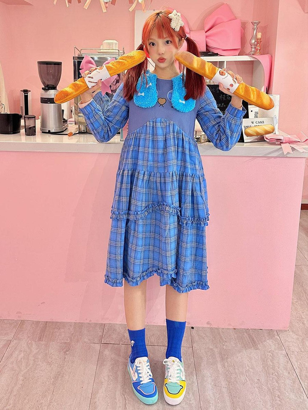 Hashtag DDD Puppy Plaid A Line Long Sleeve Women's Cotton Casual Midi Dresses