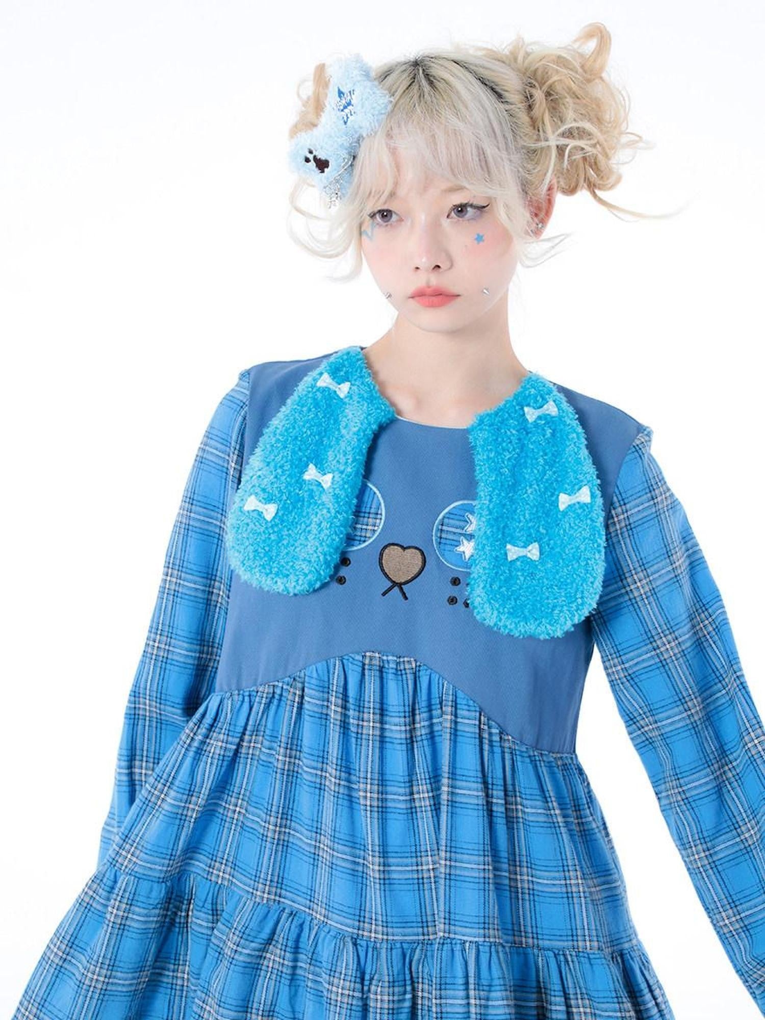 Hashtag DDD Puppy Plaid A Line Long Sleeve Women's Cotton Casual Midi Dresses