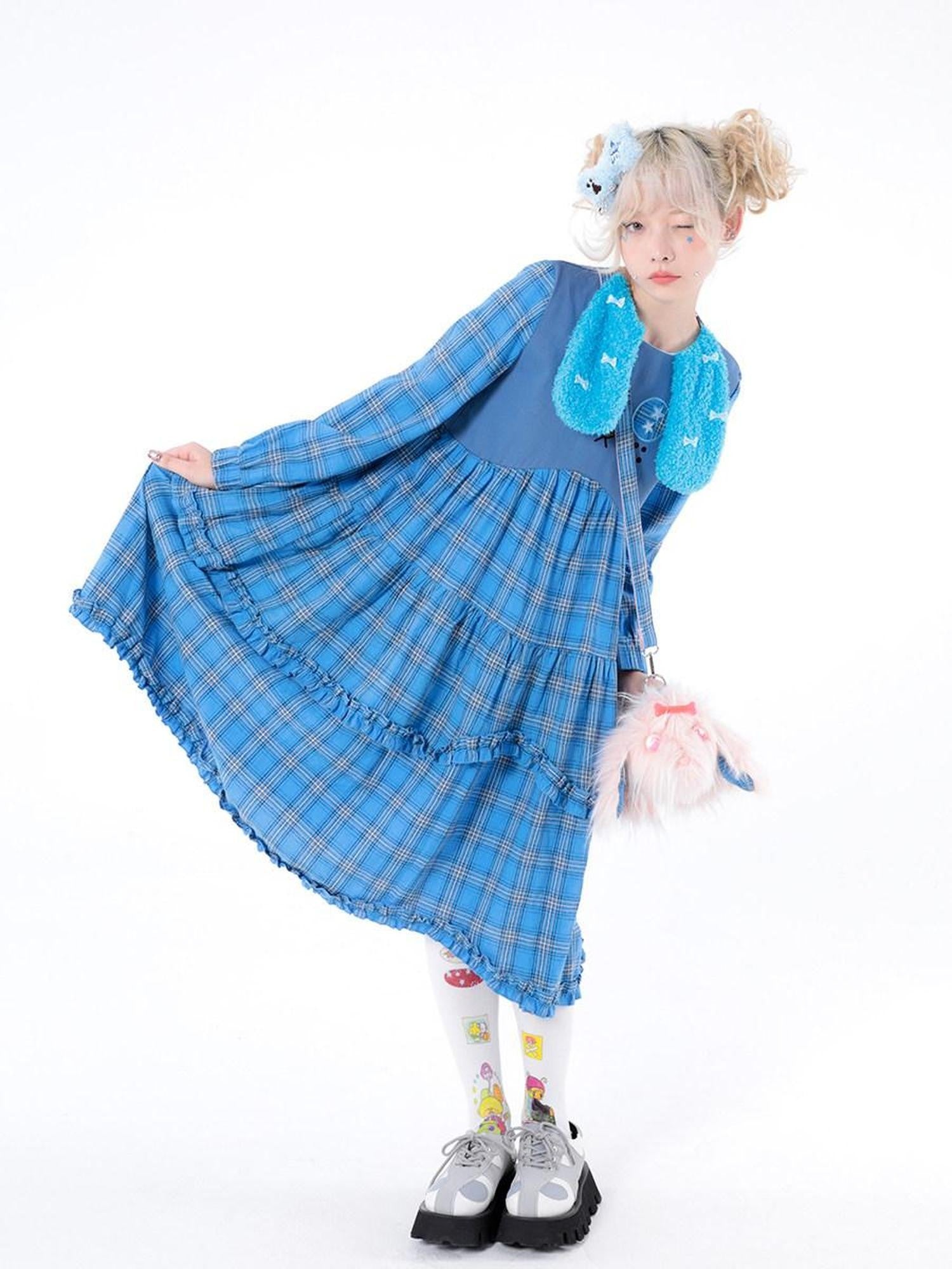 Hashtag DDD Puppy Plaid A Line Long Sleeve Women's Cotton Casual Midi Dresses