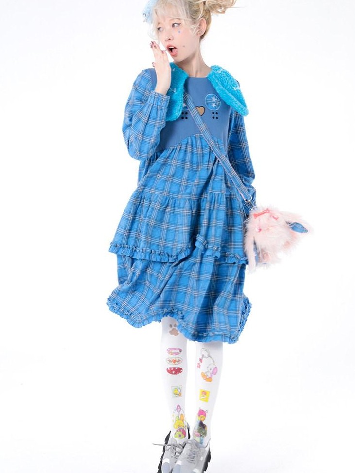 Hashtag DDD Puppy Plaid A Line Long Sleeve Women's Cotton Casual Midi Dresses