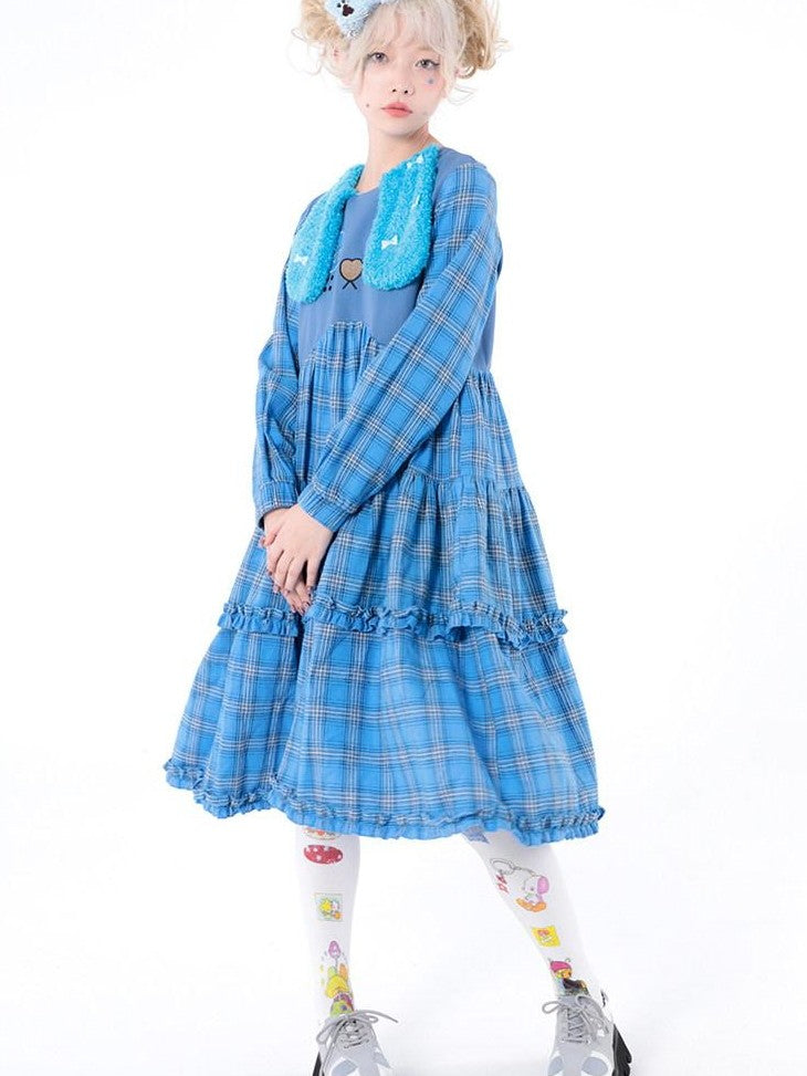Hashtag DDD Puppy Plaid A Line Long Sleeve Women's Cotton Casual Midi Dresses
