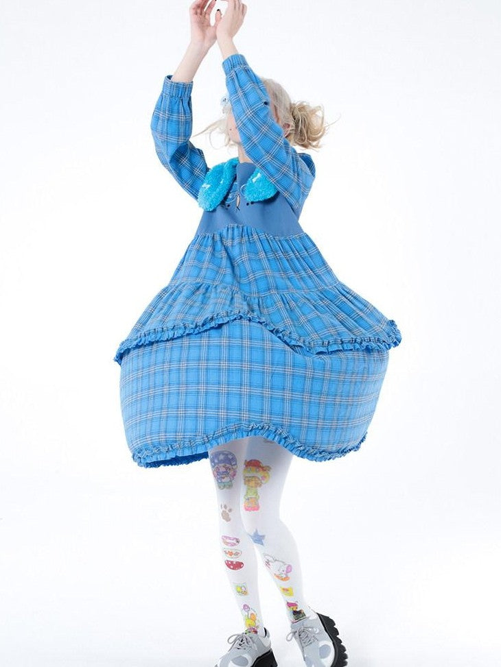 Hashtag DDD Puppy Plaid A Line Long Sleeve Women's Cotton Casual Midi Dresses