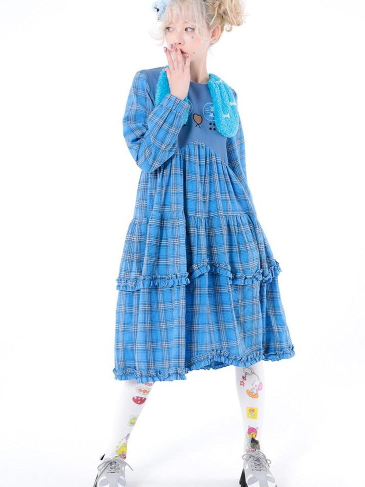 Hashtag DDD Puppy Plaid A Line Long Sleeve Women's Cotton Casual Midi Dresses