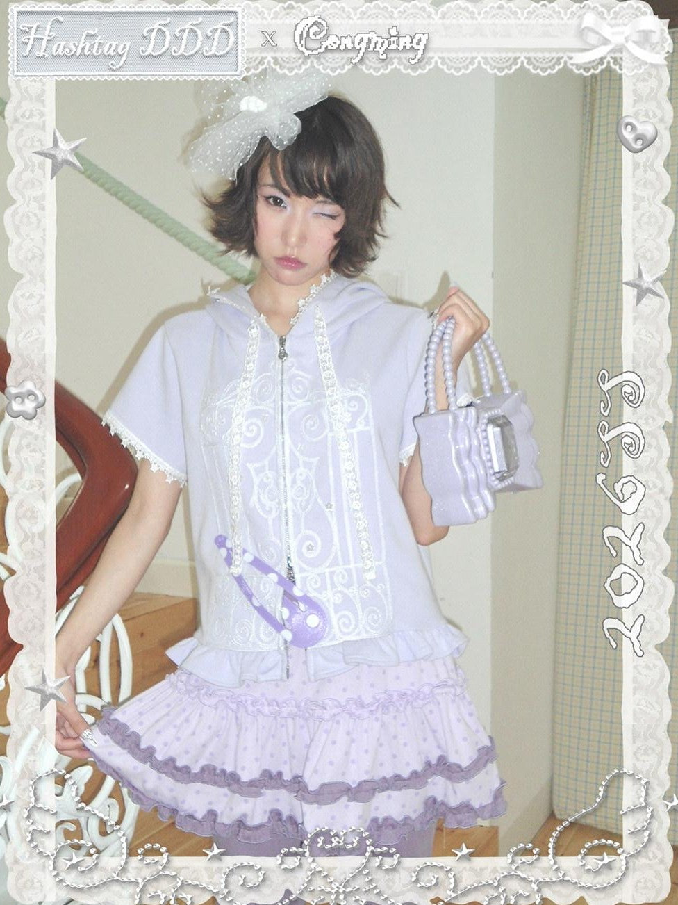 Hashtag DDD Purple Classical Scroll Embroidery Hooded Lattice Zip Women's Cotton Cardigans