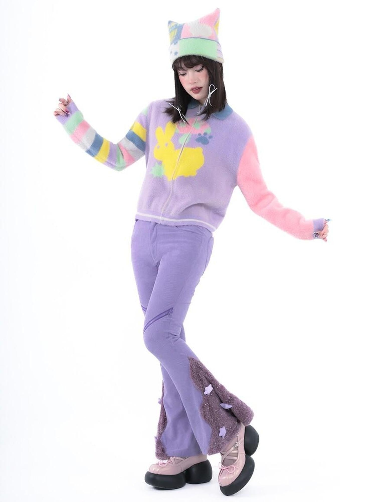 Hashtag DDD Purple Star Plush Patchwork Asymmetrical Corduroy Women's Polyester Flare Pants