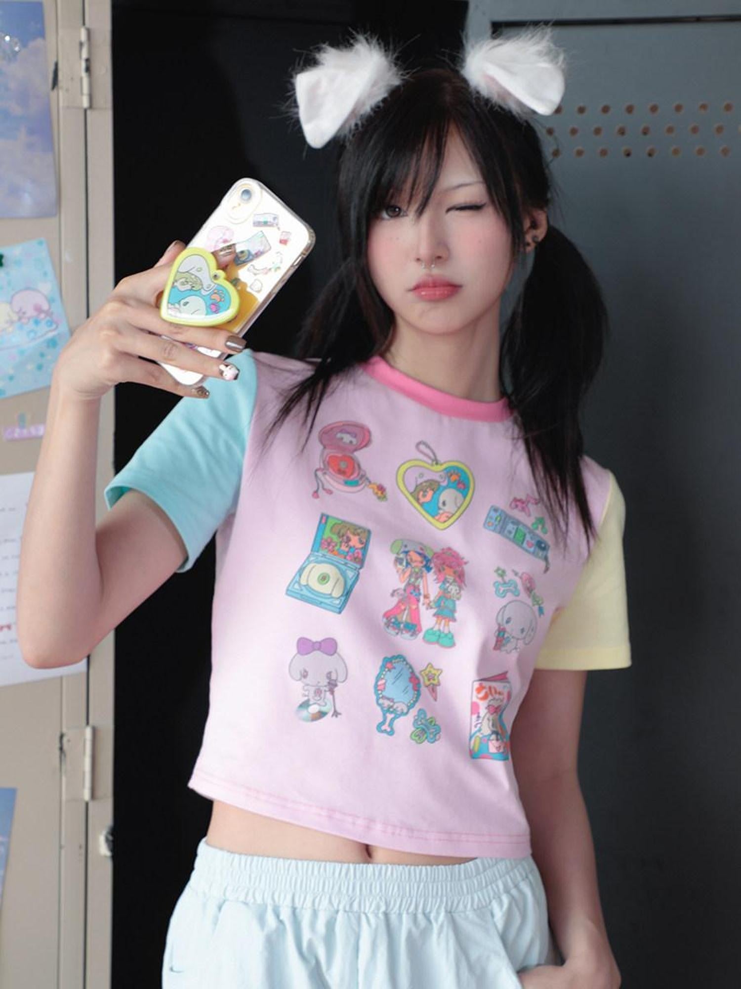 Hashtag DDD Retro Colorblock Cropped Women's Cotton Short Sleeve T-shirts