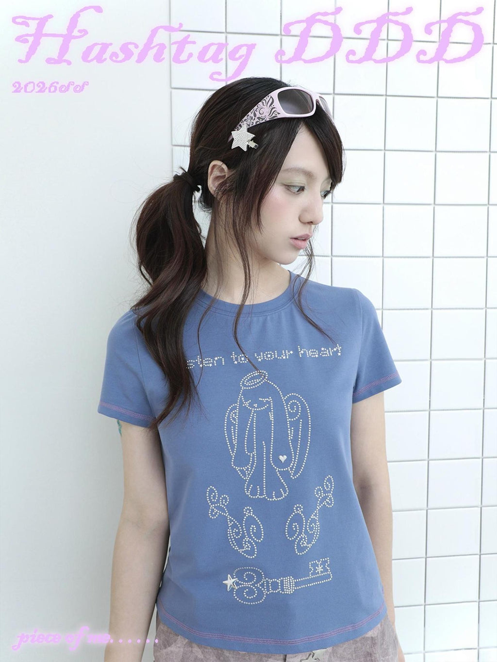 Hashtag DDD Rhinestone Angel Bunny Round Neck Cotton Women's Short Sleeve T-shirts