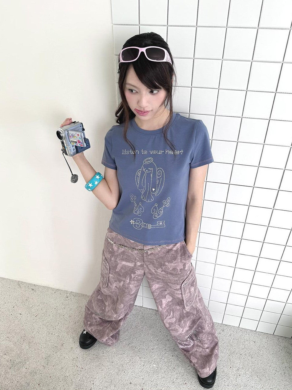 Hashtag DDD Rhinestone Angel Bunny Round Neck Cotton Women's Short Sleeve T-shirts