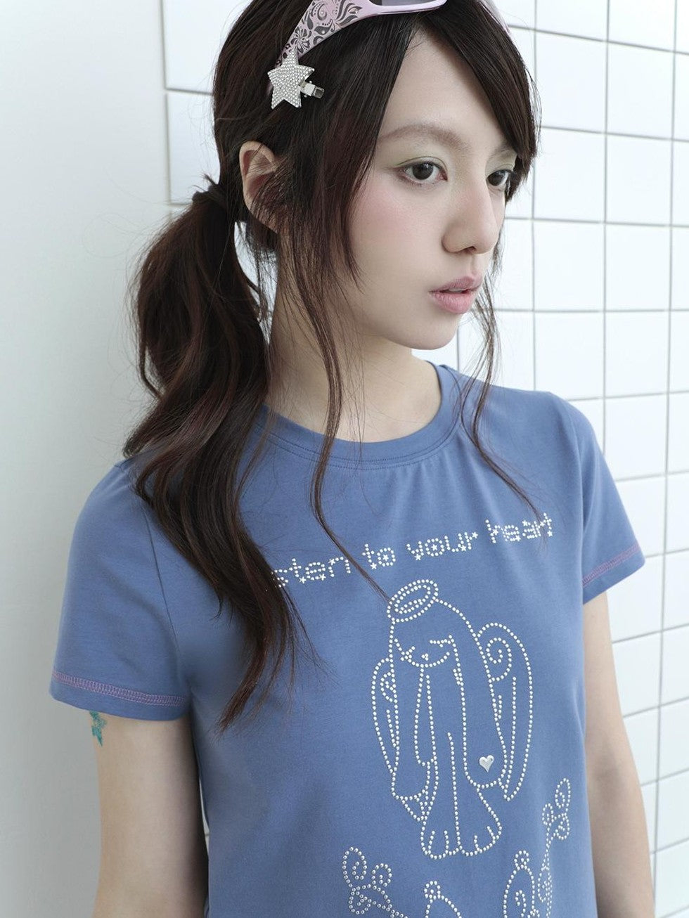 Hashtag DDD Rhinestone Angel Bunny Round Neck Cotton Women's Short Sleeve T-shirts