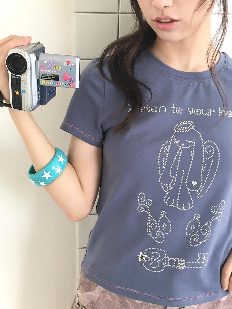 Hashtag DDD Rhinestone Angel Bunny Round Neck Cotton Women's Short Sleeve T-shirts