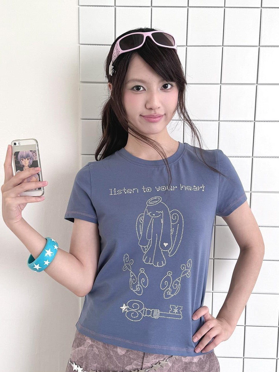 Hashtag DDD Rhinestone Angel Bunny Round Neck Cotton Women's Short Sleeve T-shirts