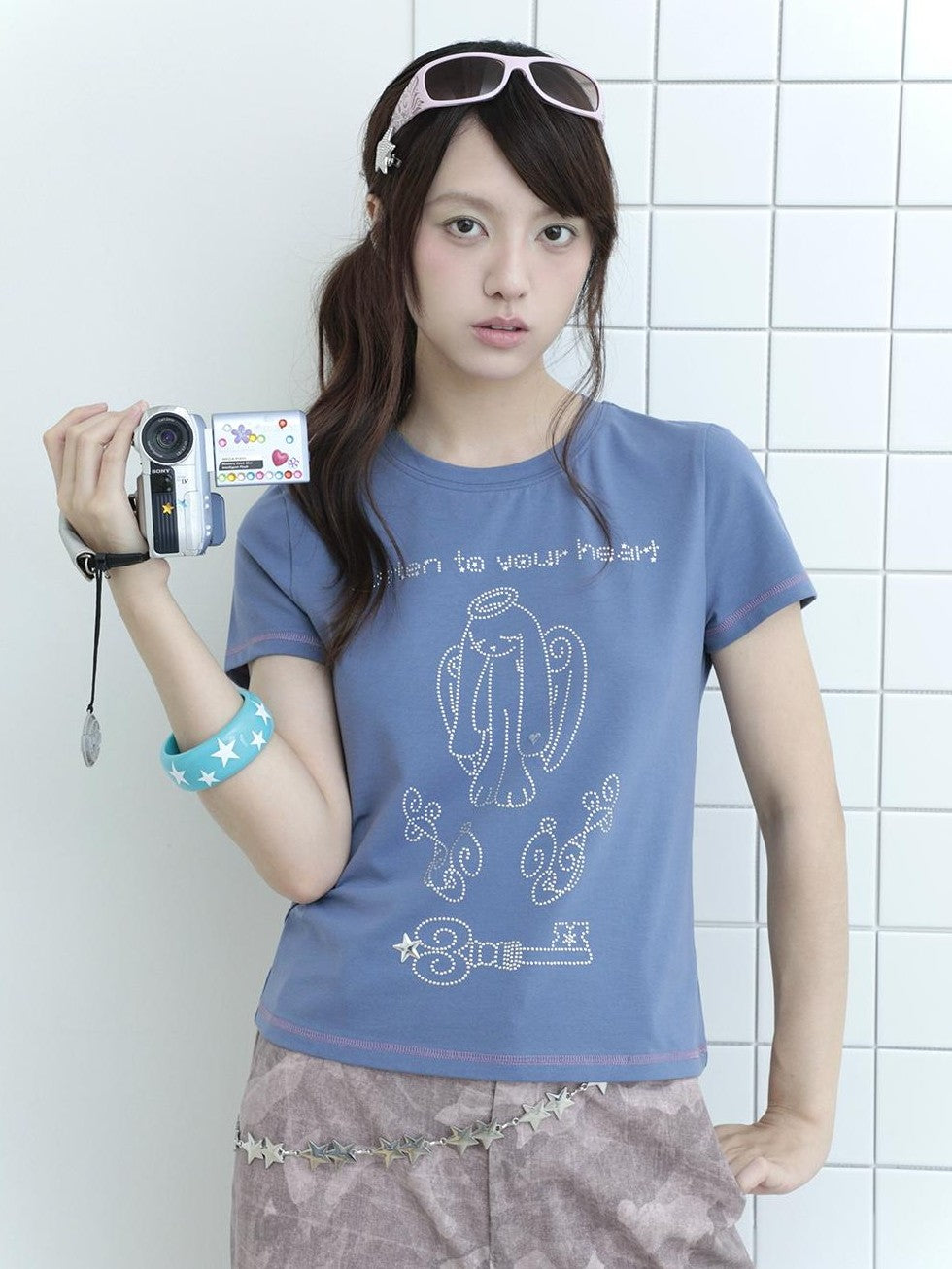Hashtag DDD Rhinestone Angel Bunny Round Neck Cotton Women's Short Sleeve T-shirts