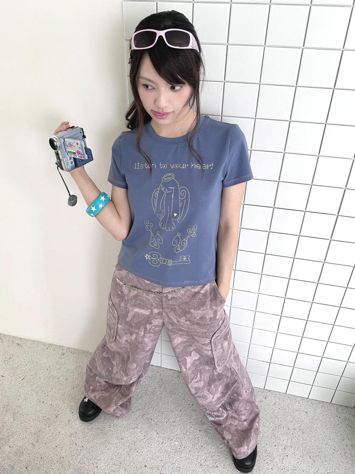 Hashtag DDD Rhinestone Angel Bunny Round Neck Cotton Women's Short Sleeve T-shirts