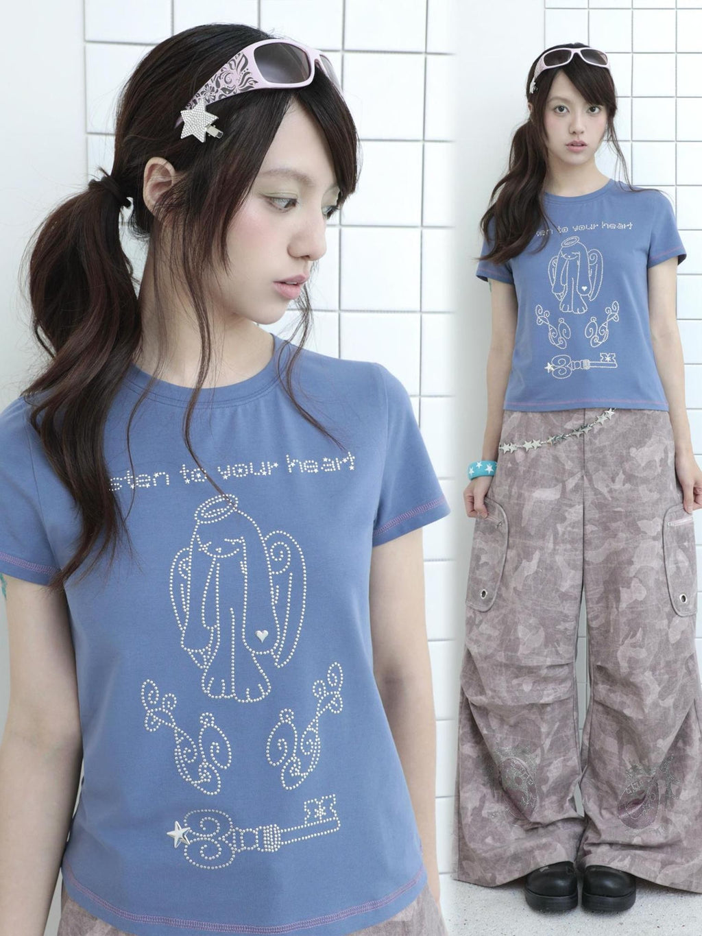 Hashtag DDD Rhinestone Angel Bunny Round Neck Cotton Women's Short Sleeve T-shirts