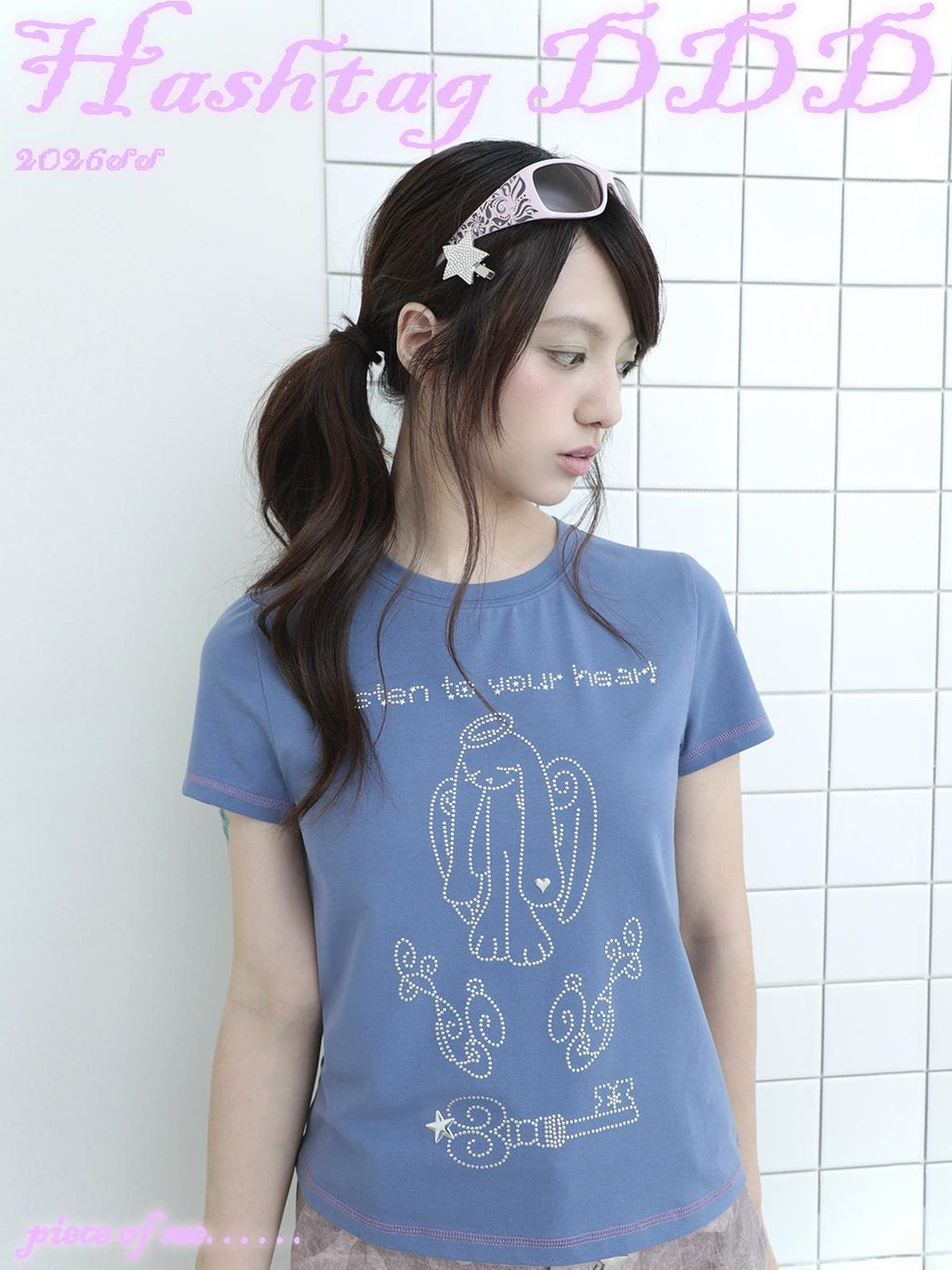Hashtag DDD Rhinestone Angel Bunny Round Neck Cotton Women's Short Sleeve T-shirts
