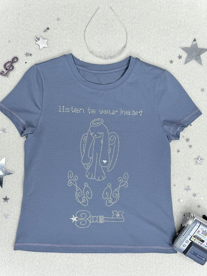 Hashtag DDD Rhinestone Angel Bunny Round Neck Cotton Women's Short Sleeve T-shirts
