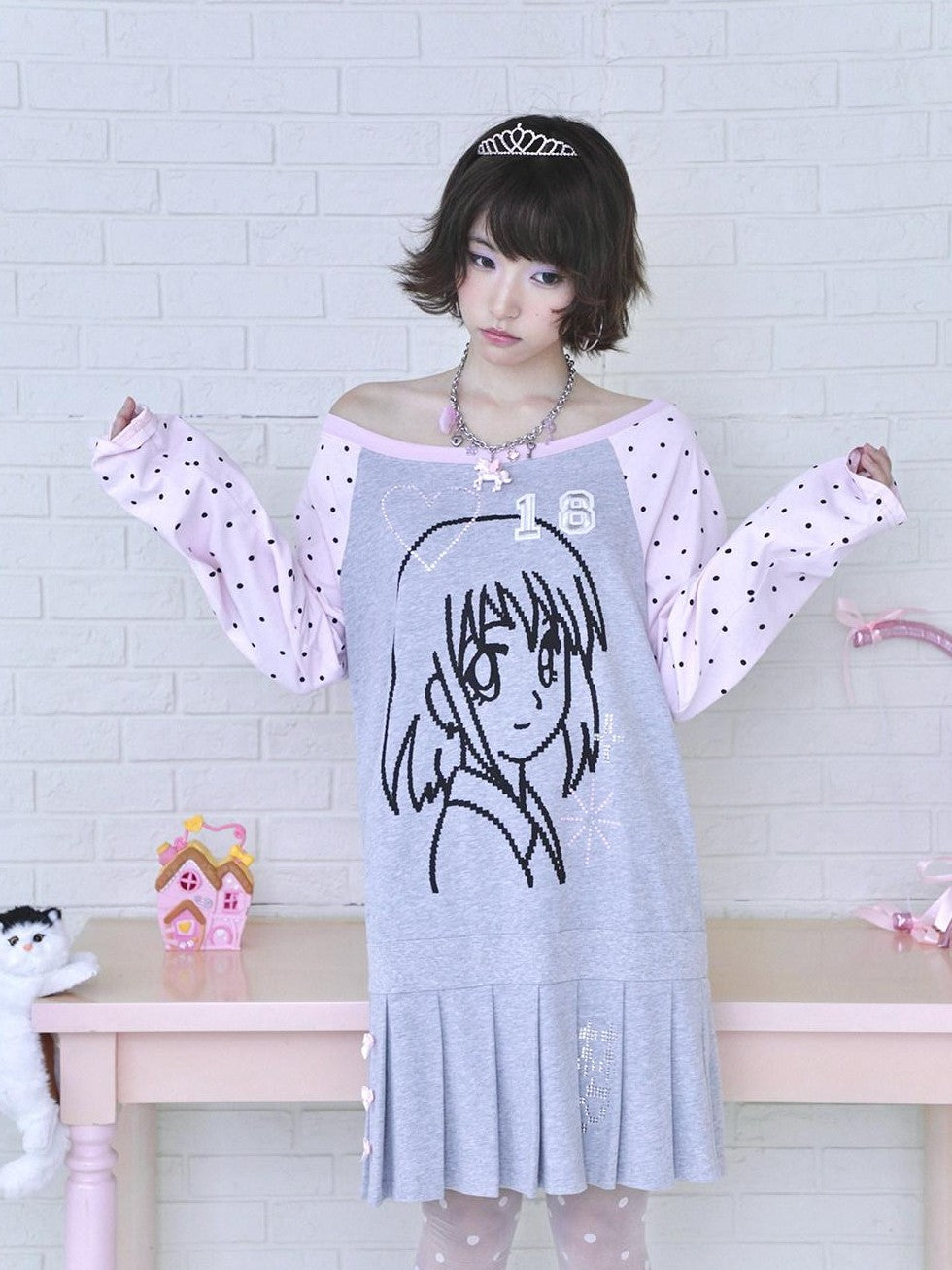 Hashtag DDD Rhinestone Pixel Off Shoulder Pleated Women's Cotton Casual Mini Dresses